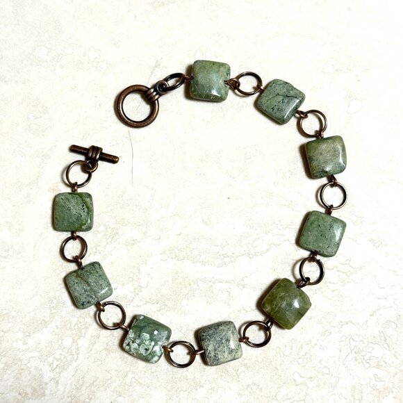 2/$20 Dark Green Serpentine Geometric Bracelet, Genuine Gemstone + Copper Links - Picture 1 of 11